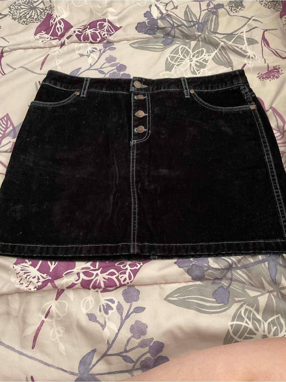 Vintage Billabong Black Flock Denim Mini Skirt with Front Buttons